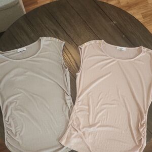 Women Calvin Klein Cap Sleeve Metallic Blouses - Beige and Pink